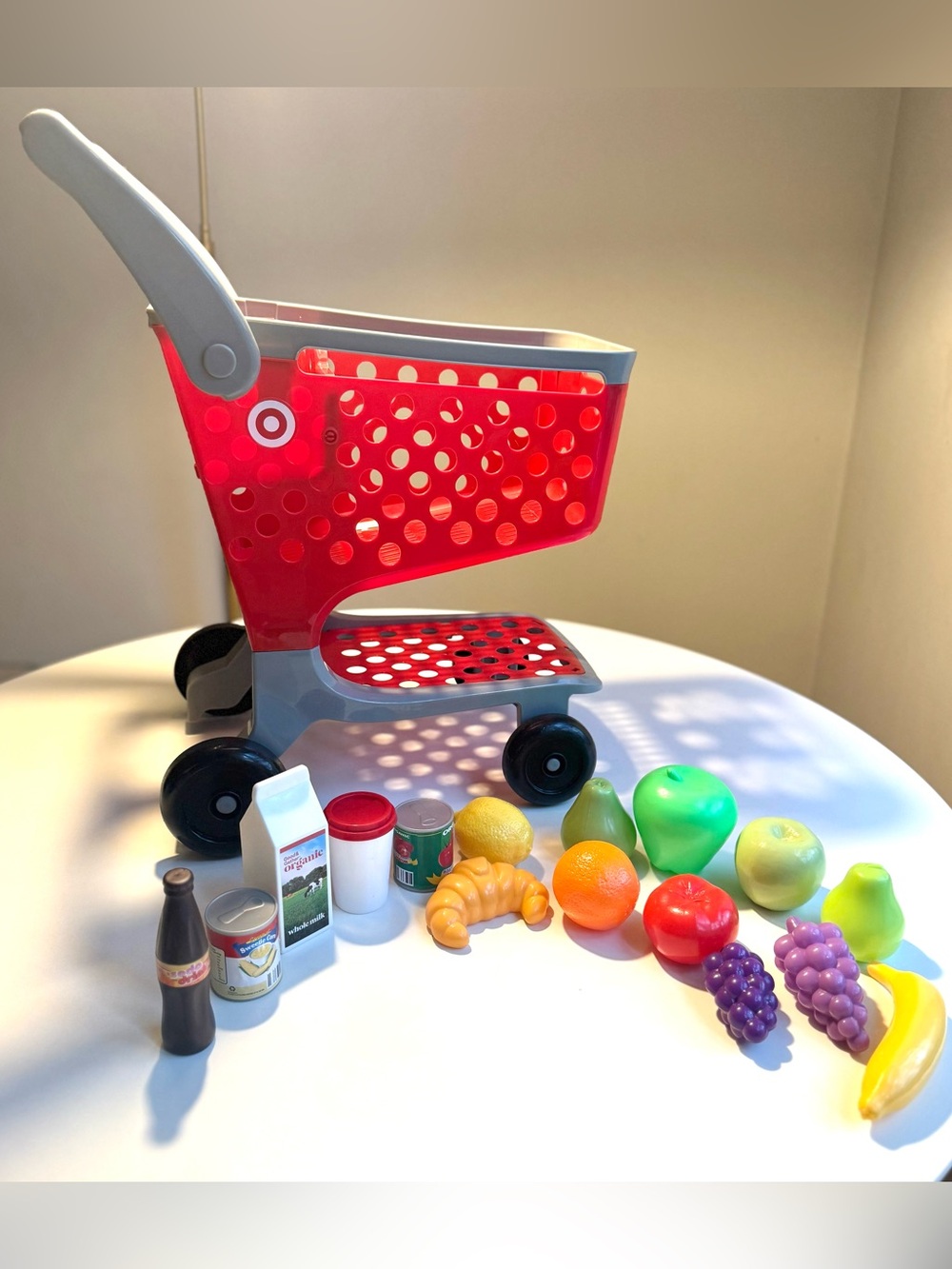 Shopping Cart Target Kids Red Play with 16 Toy Groceries Fruit Size 19"x 13"